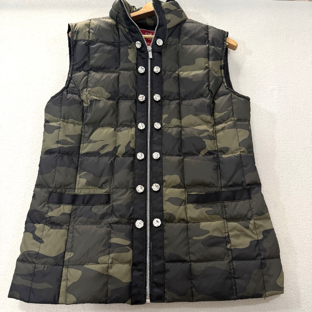 Ciao Milano Celia Camo Puffer Vest Women M Duck Down Rhinestone Hooded Quilted